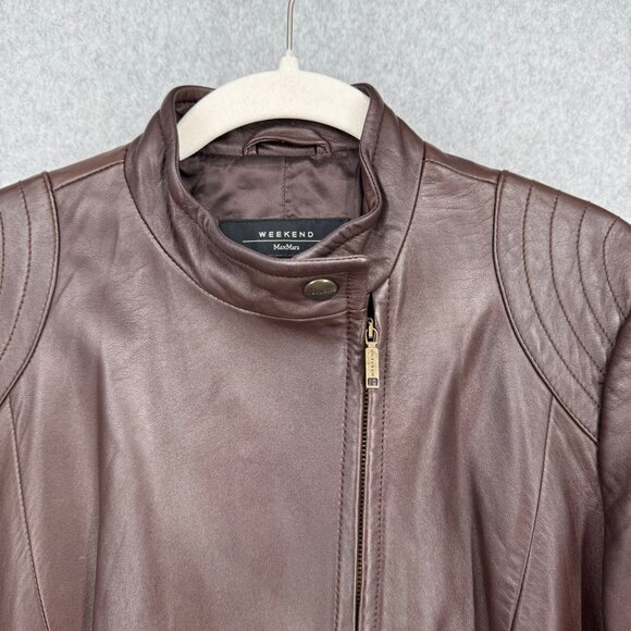 Weekend MaxMara Womens Leather Biker Jacket Size 10 Chocolate Brown Butter Soft - Picture 4 of 15